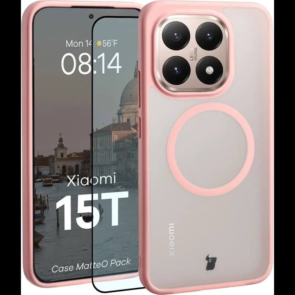 Etui z pierścieniem magnetycznym + szkło hartowane Bizon MatteO Pack do Xiaomi 15T, przydymione-jasnoróżowe - 1