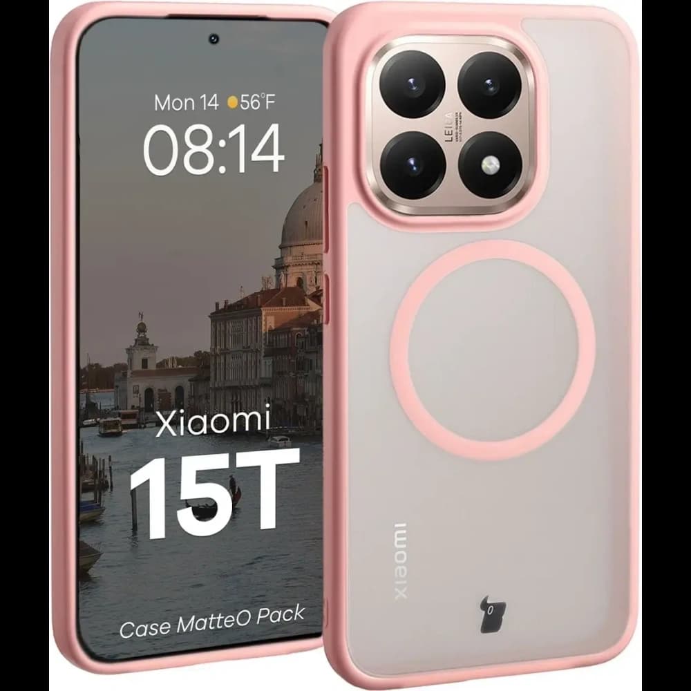 Etui z pierścieniem magnetycznym + szkło hartowane Bizon MatteO Pack do Xiaomi 15T, przydymione-jasnoróżowe - 3