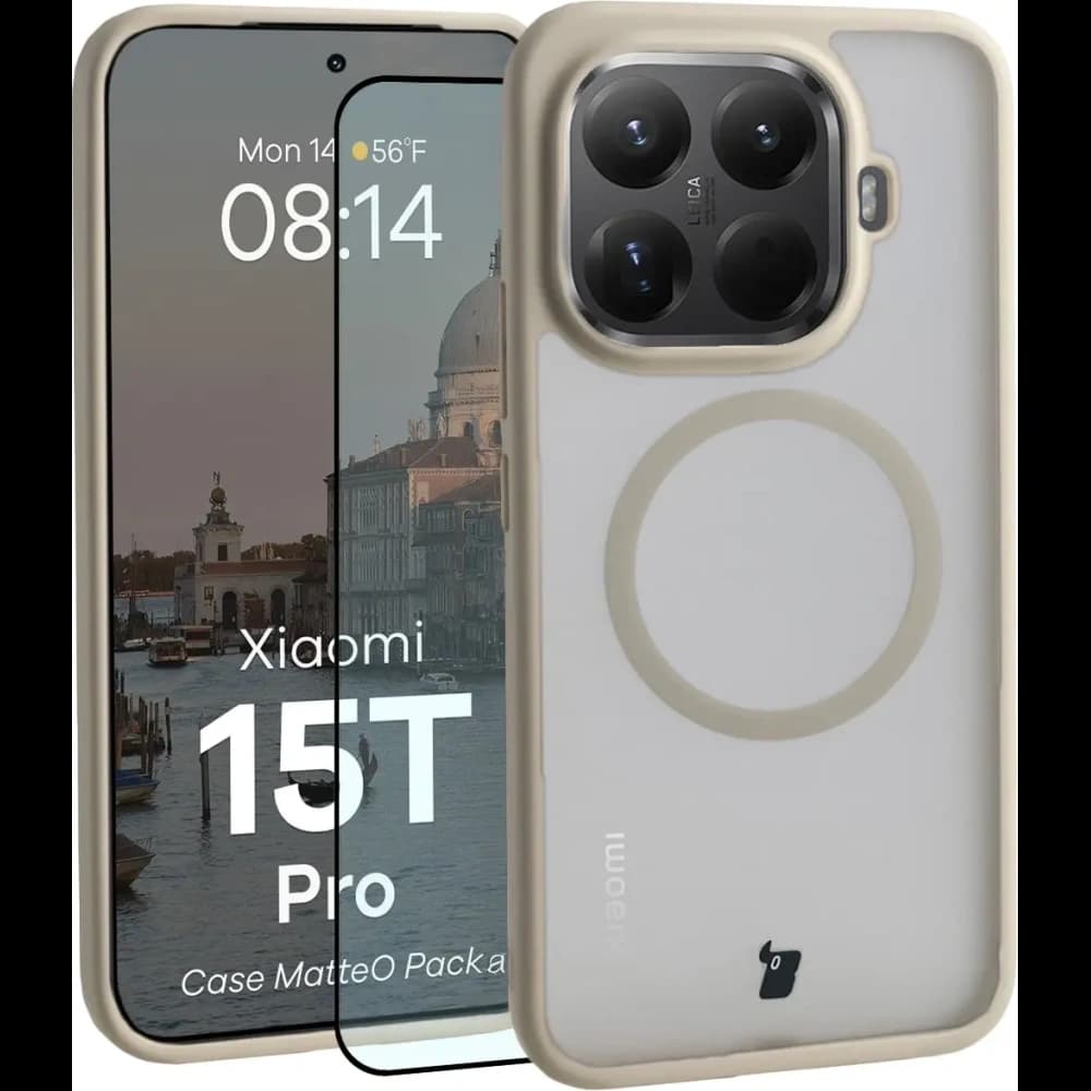 Etui z pierścieniem magnetycznym + szkło hartowane Bizon MatteO Pack do Xiaomi 15T Pro, przydymione-beżowe - 1