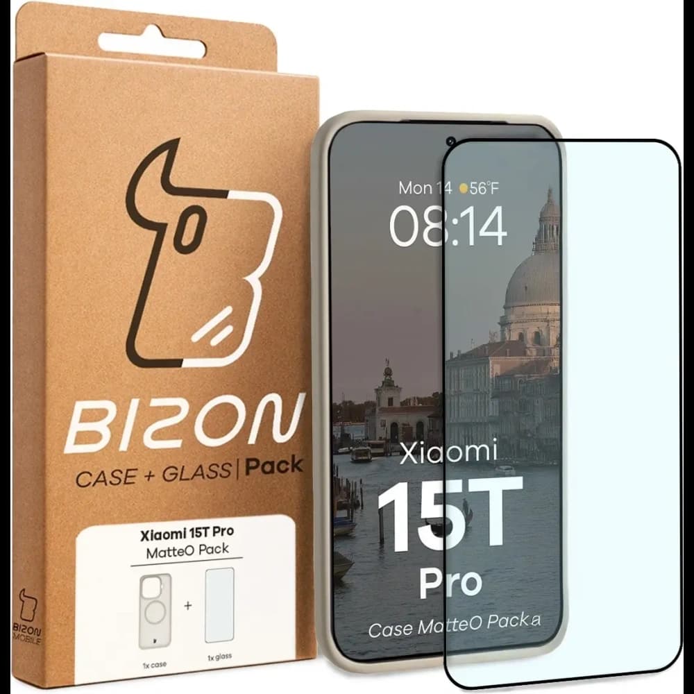 Etui z pierścieniem magnetycznym + szkło hartowane Bizon MatteO Pack do Xiaomi 15T Pro, przydymione-beżowe - 9