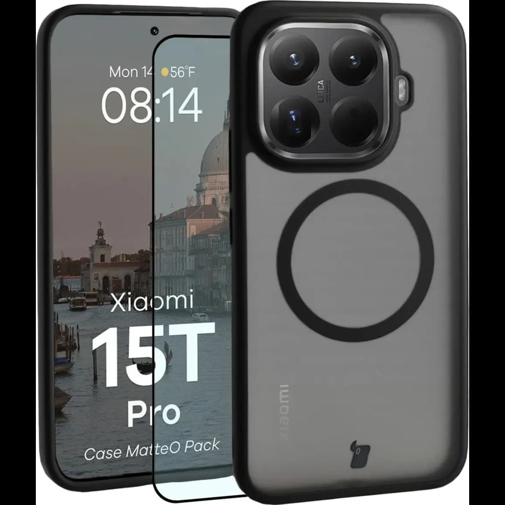 Etui z pierścieniem magnetycznym + szkło hartowane Bizon MatteO Pack do Xiaomi 15T Pro, przydymione-czarne - 1