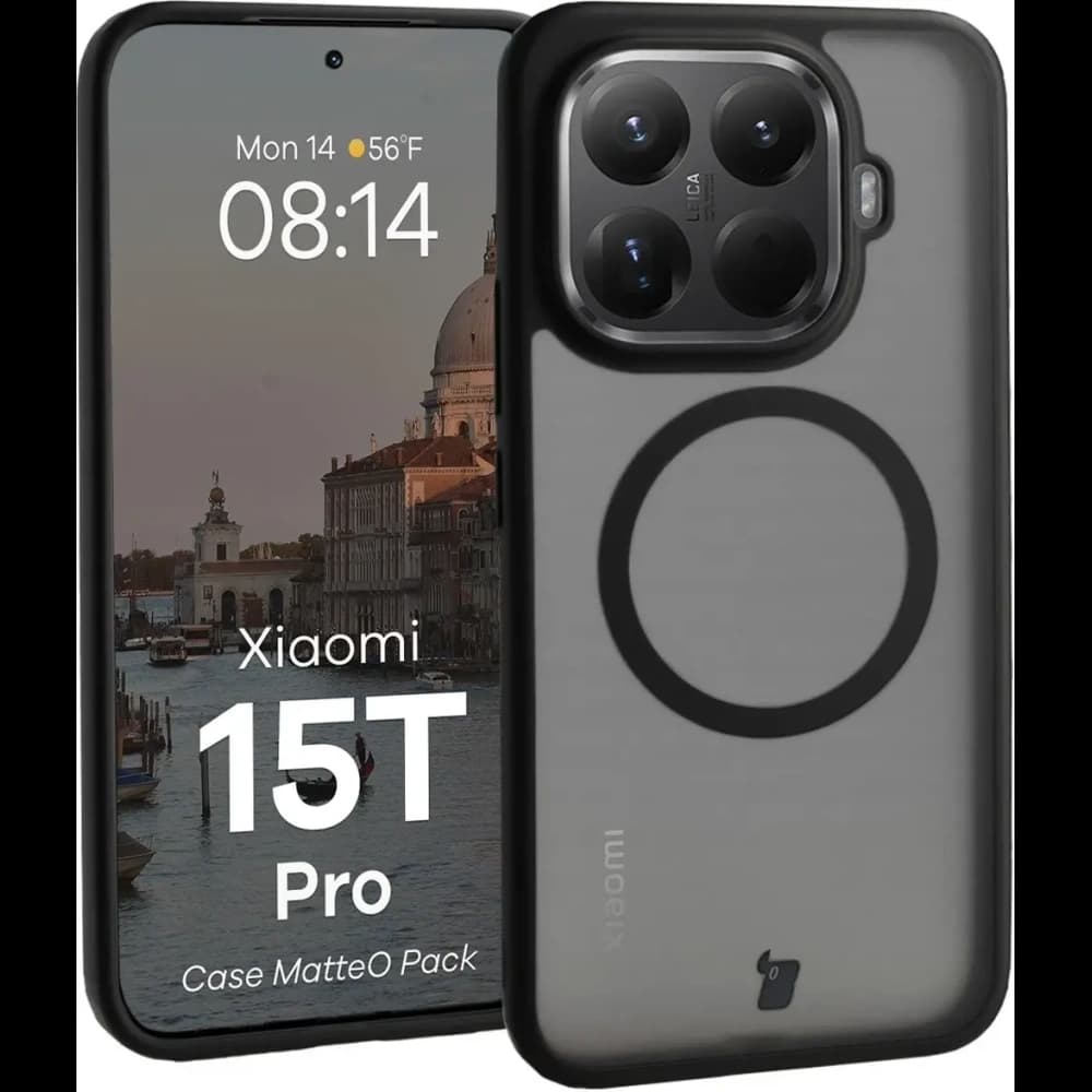 Etui z pierścieniem magnetycznym + szkło hartowane Bizon MatteO Pack do Xiaomi 15T Pro, przydymione-czarne - 3