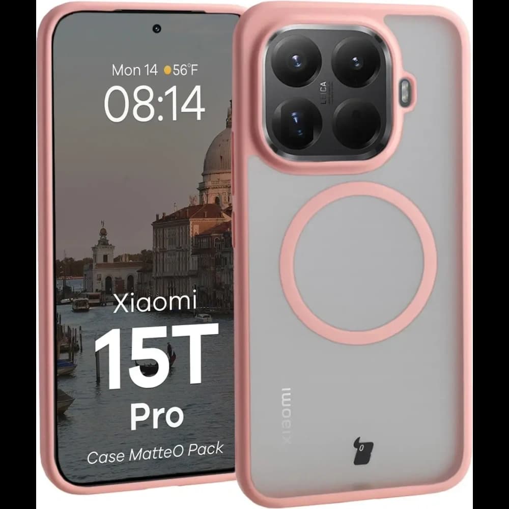 Etui z pierścieniem magnetycznym + szkło hartowane Bizon MatteO Pack do Xiaomi 15T Pro, przydymione-jasnoróżowe - 3