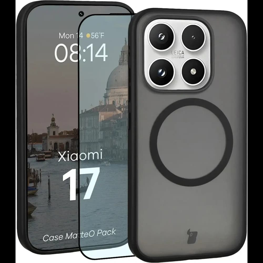 Etui z pierścieniem magnetycznym + szkło hartowane Bizon MatteO Pack do Xiaomi 17, przydymione-czarne - 1