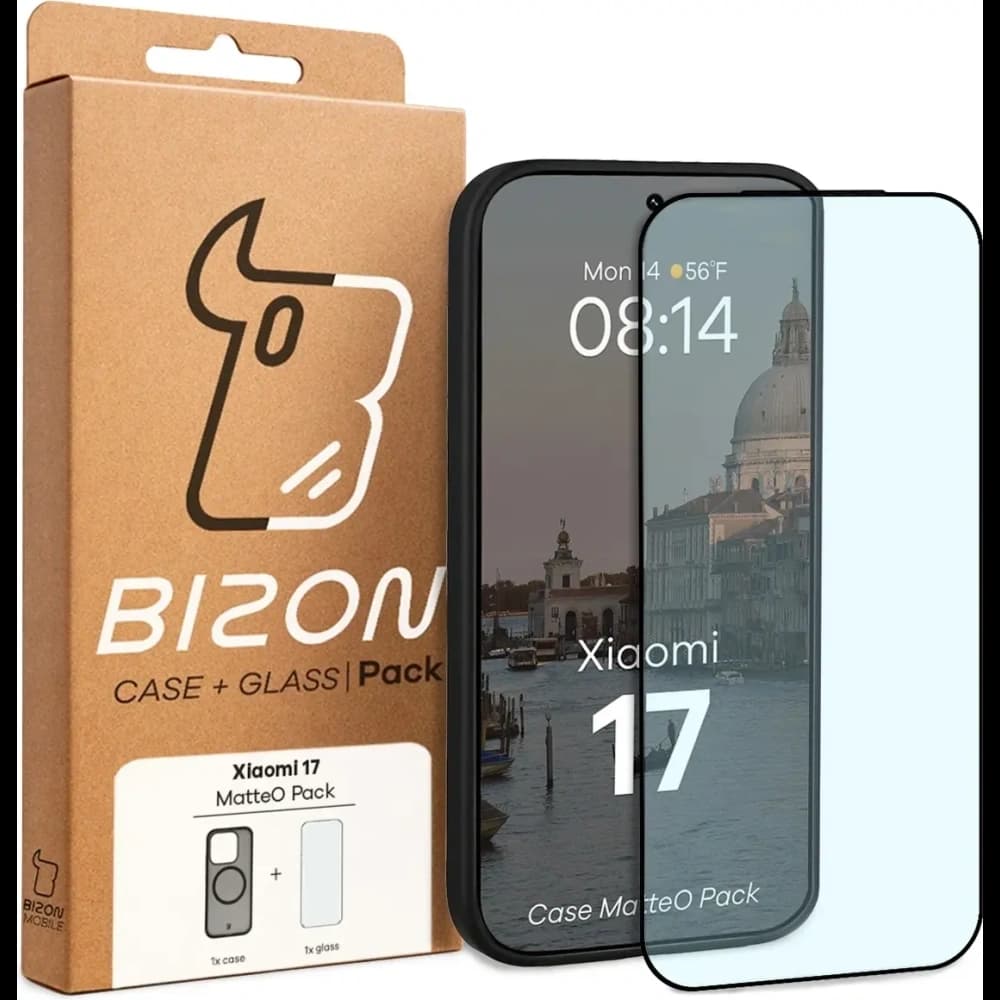 Etui z pierścieniem magnetycznym + szkło hartowane Bizon MatteO Pack do Xiaomi 17, przydymione-czarne - 9