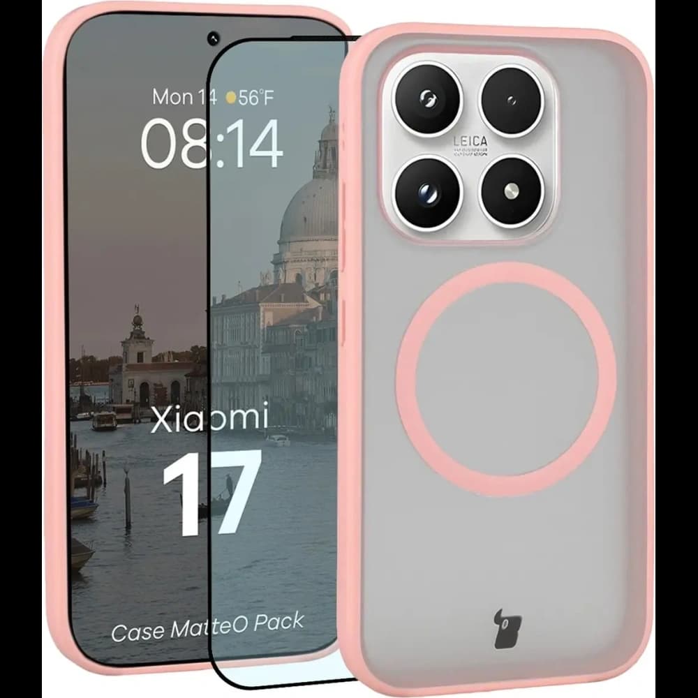 Etui z pierścieniem magnetycznym + szkło hartowane Bizon MatteO Pack do Xiaomi 17, przydymione-jasnoróżowe - 1
