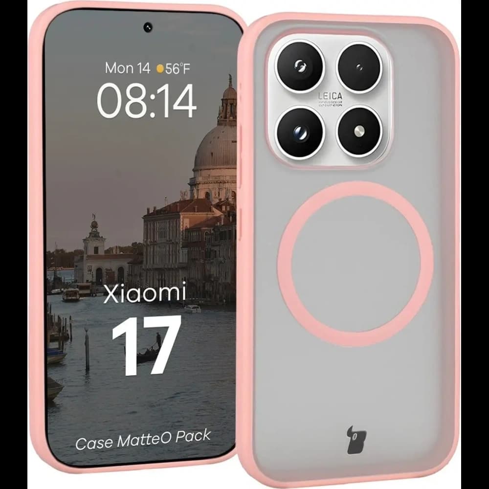 Etui z pierścieniem magnetycznym + szkło hartowane Bizon MatteO Pack do Xiaomi 17, przydymione-jasnoróżowe - 3