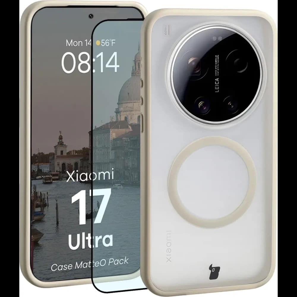 Etui z pierścieniem magnetycznym + szkło hartowane Bizon MatteO Pack do Xiaomi 17 Ultra, przydymione-beżowe - 1