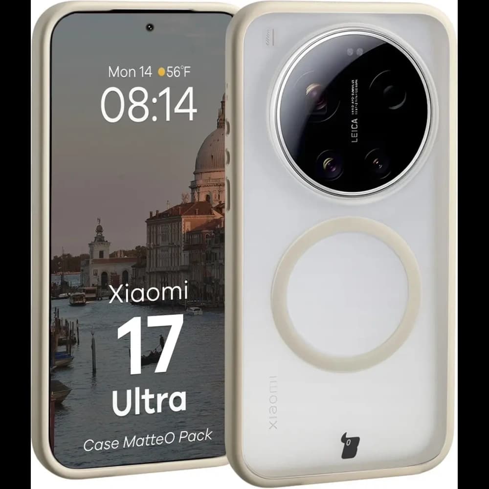 Etui z pierścieniem magnetycznym + szkło hartowane Bizon MatteO Pack do Xiaomi 17 Ultra, przydymione-beżowe - 3