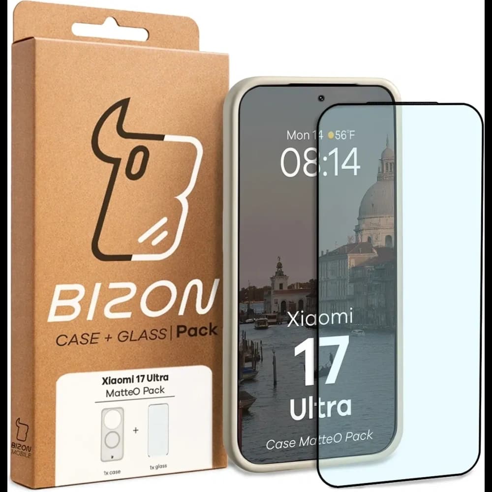 Etui z pierścieniem magnetycznym + szkło hartowane Bizon MatteO Pack do Xiaomi 17 Ultra, przydymione-beżowe - 9
