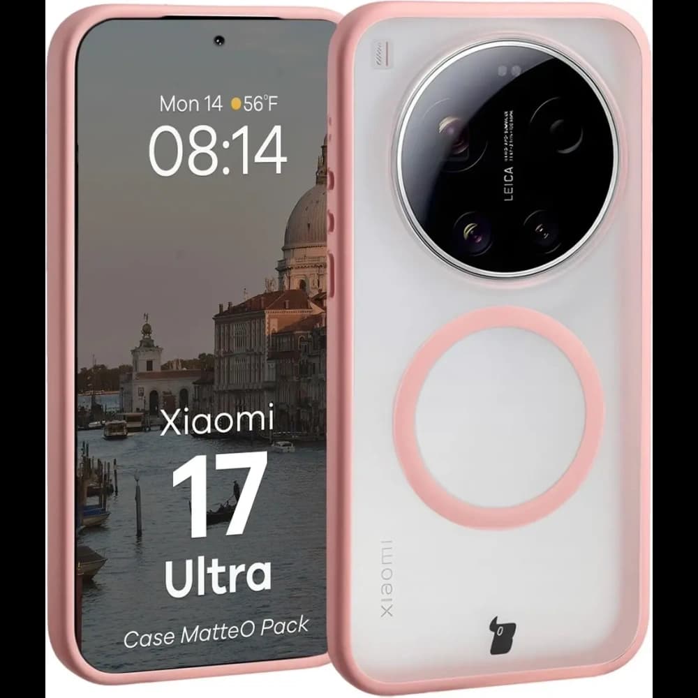 Etui z pierścieniem magnetycznym + szkło hartowane Bizon MatteO Pack do Xiaomi 17 Ultra, przydymione-jasnoróżowe - 3