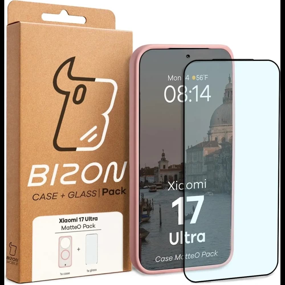 Etui z pierścieniem magnetycznym + szkło hartowane Bizon MatteO Pack do Xiaomi 17 Ultra, przydymione-jasnoróżowe - 9