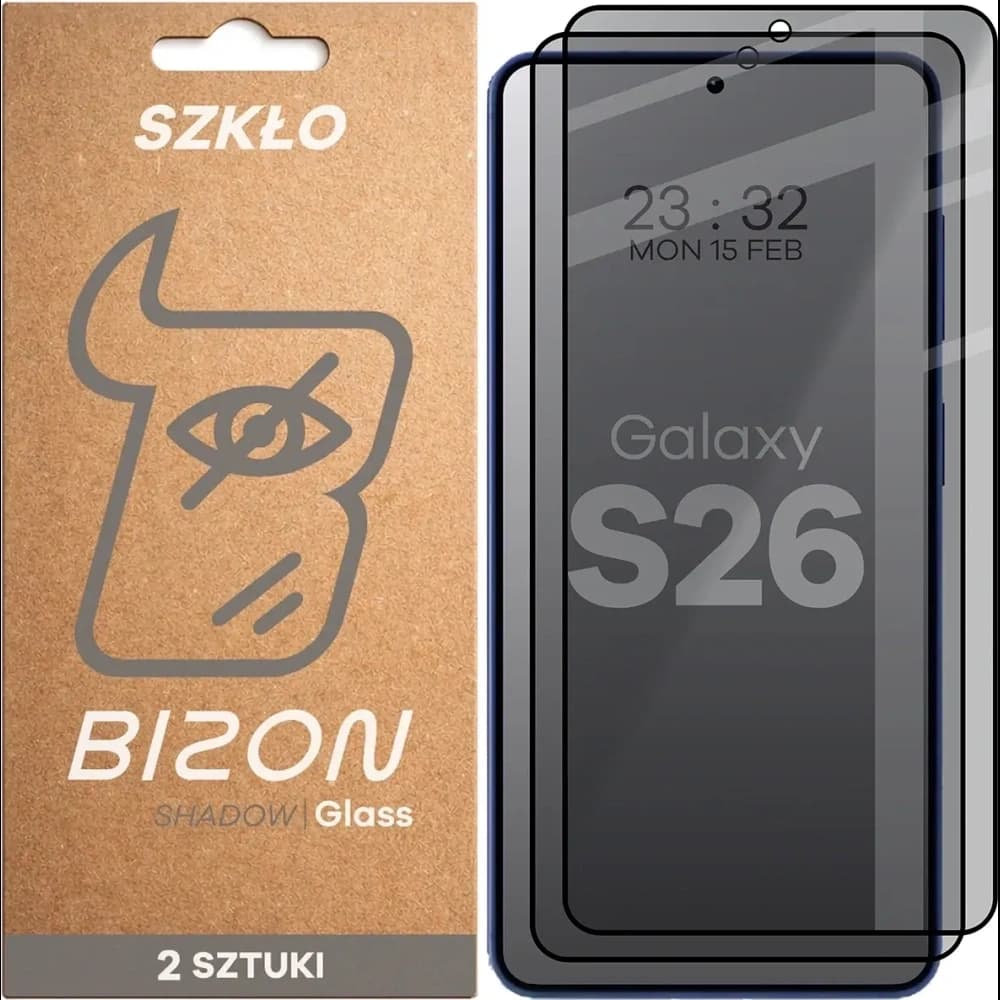 Prywatyzujące szkło hartowane Bizon Glass Edge Shadow Duo do Samsung Galaxy S26, przyciemniane z czarną ramką [2 PACK] - 1