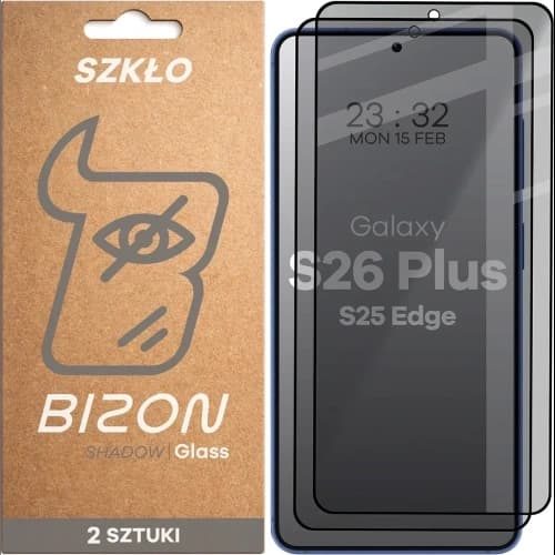 Prywatyzujące szkło hartowane Bizon Glass Edge Shadow Duo do Samsung Galaxy S26+ Plus / S25 Edge, przyciemniane z czarną ramką [2 PACK]