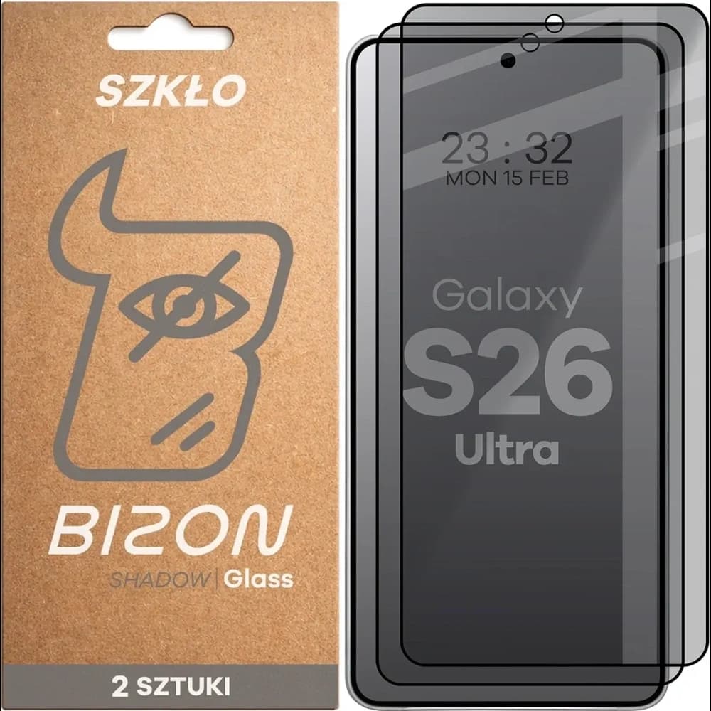Prywatyzujące szkło hartowane Bizon Glass Edge Shadow Duo do Samsung Galaxy S26 Ultra, przyciemniane z czarną ramką [2 PACK] - 1