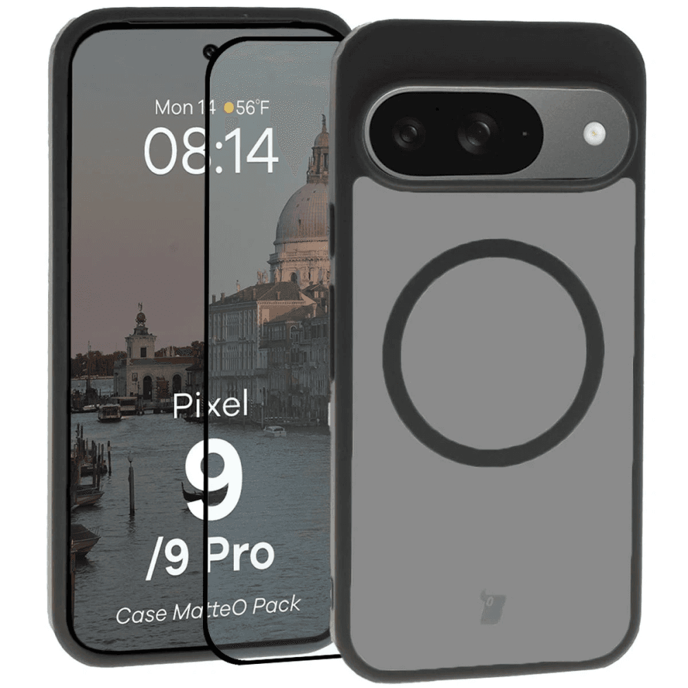 Etui z pierścieniem magnetycznym + szkło hartowane Bizon MatteO Pack do Google Pixel 9 / 9 Pro, przydymione-czarne - 1