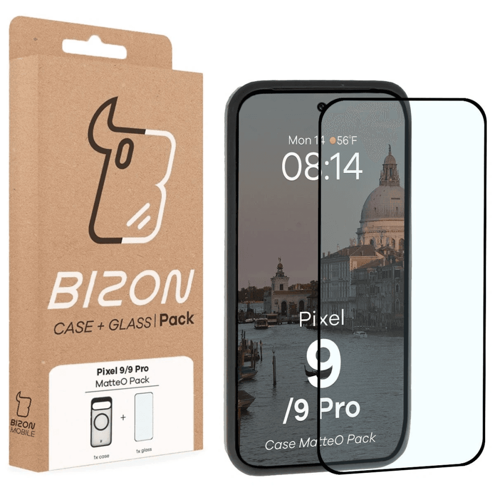 Etui z pierścieniem magnetycznym + szkło hartowane Bizon MatteO Pack do Google Pixel 9 / 9 Pro, przydymione-czarne - 9
