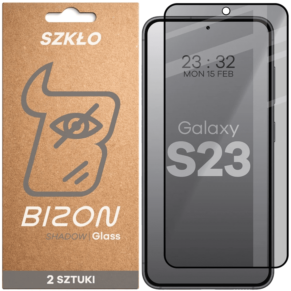 Prywatyzujące szkło hartowane Bizon Glass Edge Shadow Duo do Samsung Galaxy S23, przyciemniane z czarną ramką [2 PACK] - 1