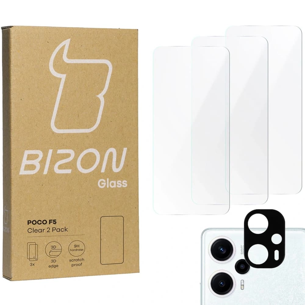 3x Szkło na ekran + szkło na aparat BIZON Clear do Xiaomi Poco F5 - 1