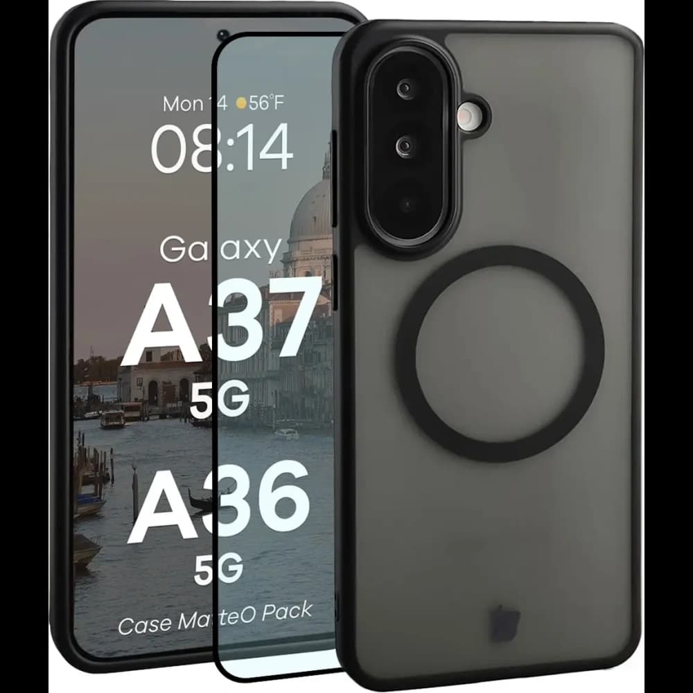 Etui z pierścieniem magnetycznym + szkło hartowane Bizon MatteO Pack do Samsung Galaxy A37 5G / A36 5G przydymione-czarne - 1