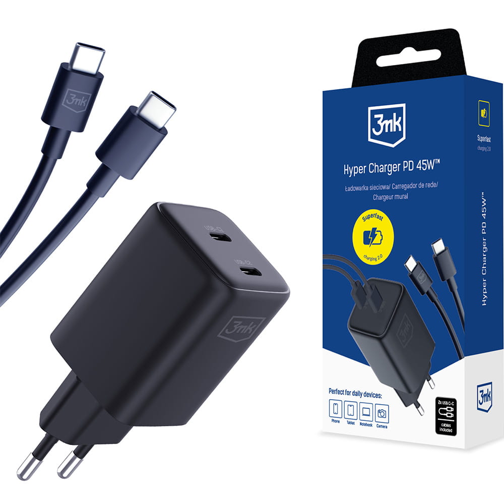 Ładowarka sieciowa 3MK Hyper Charger PD 45W czarna/black + 2x kabel USB-C / USB-C