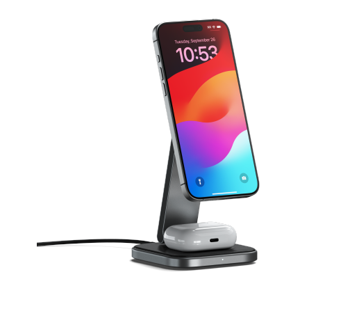 Ładowarka bezprzewodowa Satechi 2-in-1 Foldable Charging Stand Qi2 do dwóch urządzeń space gray