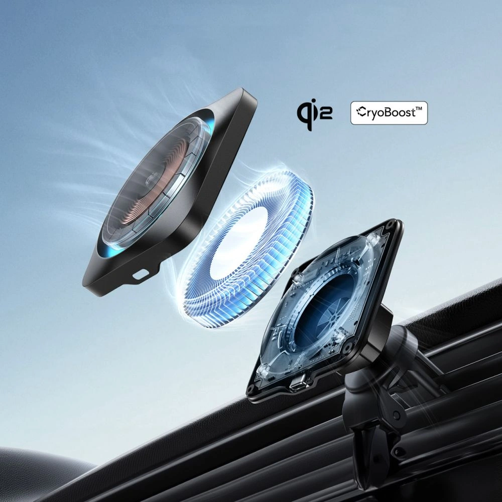 Uchwyt samochodowy do kratki / na szybę / na kokpit z ESR Halolock Cryoboost Magnetic MagSafe Dashboard & Vent Car Mount Wireless Charger QI2 15W Frosted Onyx