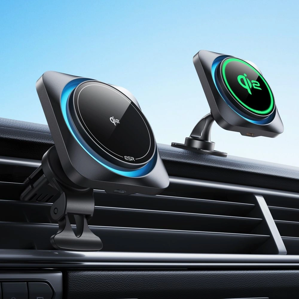 Uchwyt samochodowy do kratki / na szybę / na kokpit z ESR Halolock Cryoboost Magnetic MagSafe Dashboard andamp; Vent Car Mount Wireless Charger QI2 15W Frosted Onyx