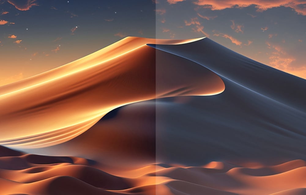 Porównanie jakości obrazu przedstawiające pustynię z wyraźną linią podziału między jaśniejszą i ciemniejszą wersją.