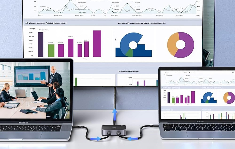 dwa laptopy i duży ekran połączone za pomocą switcha ugreen