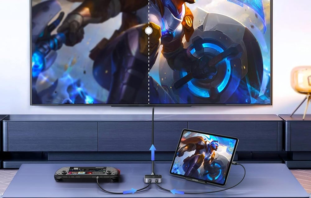 konsola, tablet i telewizor połączone switchem ugreen