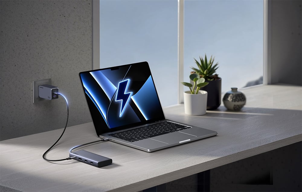Laptop z animacją ładowania na ekranie podłączony przez hub UGREEN do zasilacza w jasnym wnętrzu.