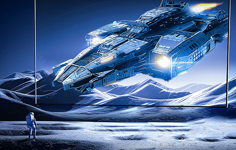 Grafika science-fiction przedstawiająca astronautę patrzącego na ogromny kosmiczny statek unoszący się nad powierzchnią.