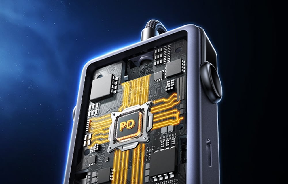 Wizualizacja chipu UGREEN unoszącego się nad powierzchnią w przestrzeni kosmicznej.