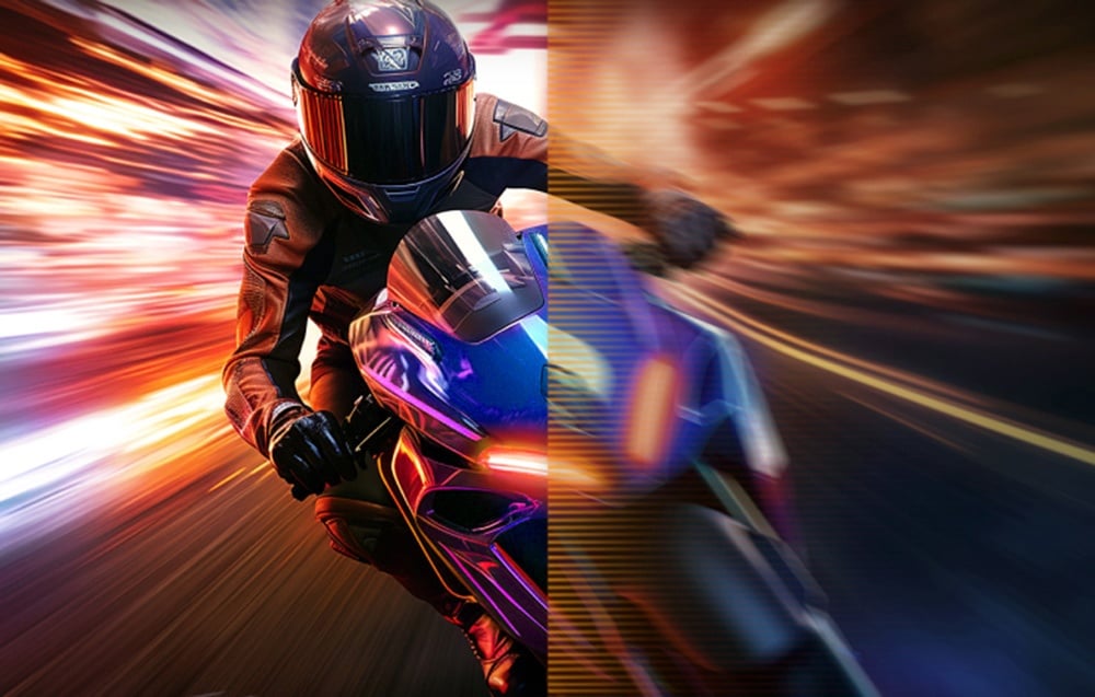 Obraz przedstawiający motocyklistę podzielony na dwie części: jedna jest wyraźna, a druga zamazana.