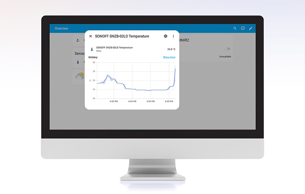 Wykres temperatury z czujnika Sonoff SNZB-02LD wyświetlony na monitorze komputera.