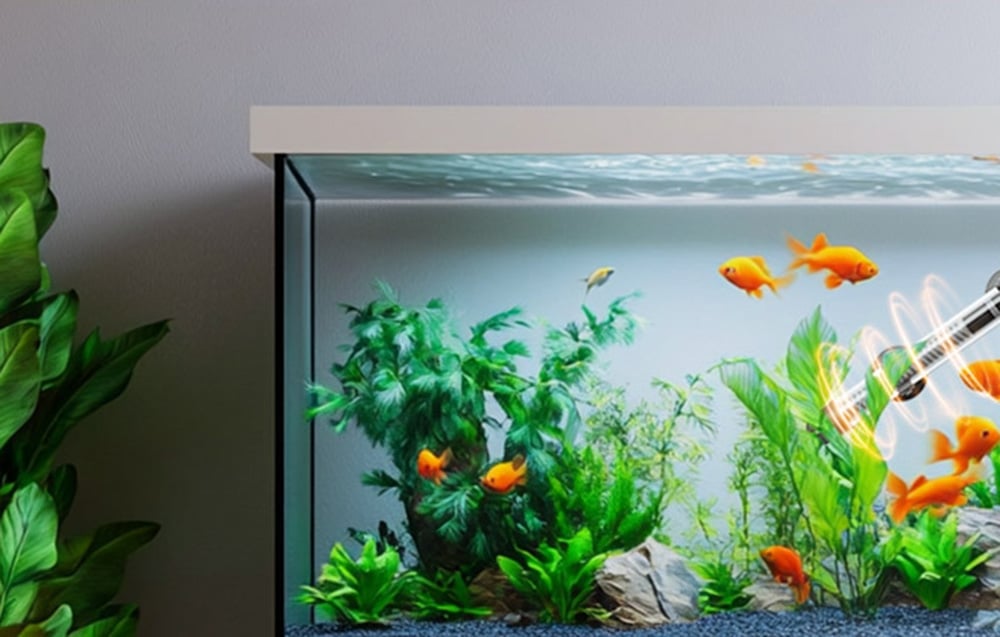 Akwarium z roślinami i złotymi rybkami, z widocznym zanurzonym podgrzewaczem wody.