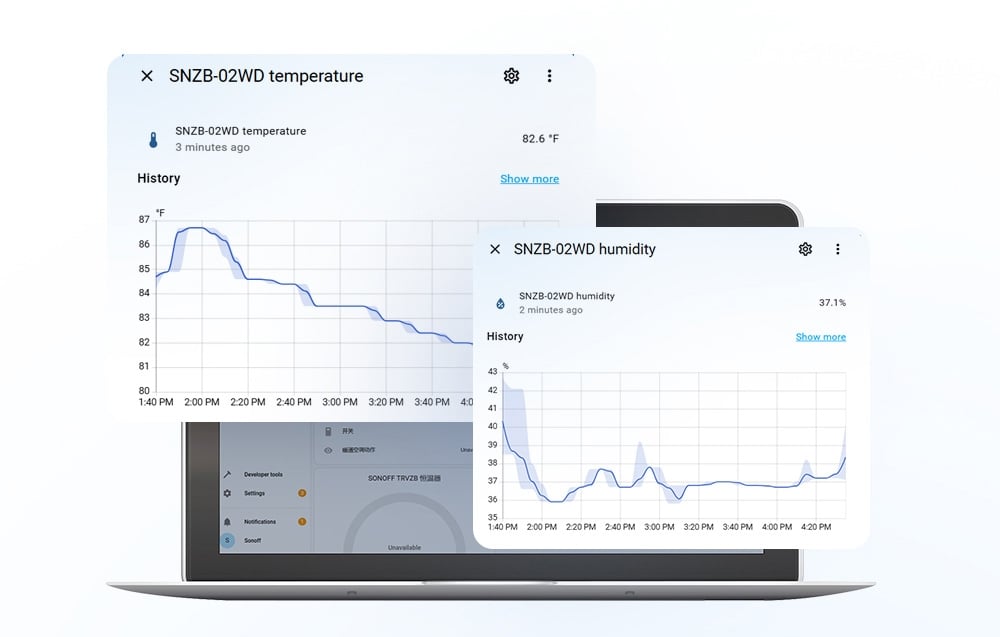 eWeLink app interface with temperature and humidity charts