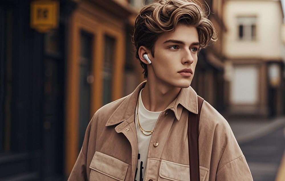 Młody mężczyzna spaceruje po mieście, mając w uchu białą słuchawkę bezprzewodową.