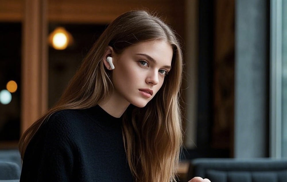 Młoda kobieta siedzi przy oknie w kawiarni, nosząc białą słuchawkę bezprzewodową.