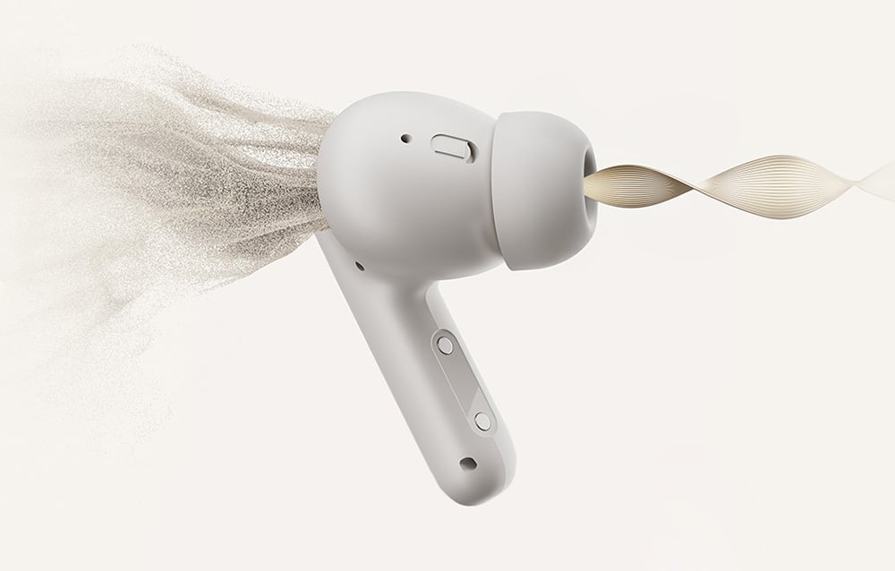 Artystyczna wizualizacja działania słuchawki z efektem przepływającego powietrza i wychodzącej fali dźwiękowej.