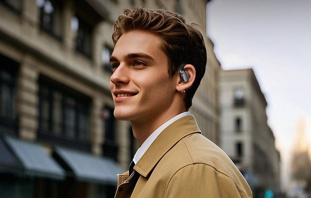 Młody mężczyzna w beżowym płaszczu uśmiechający się na ulicy, noszący szare słuchawki bezprzewodowe