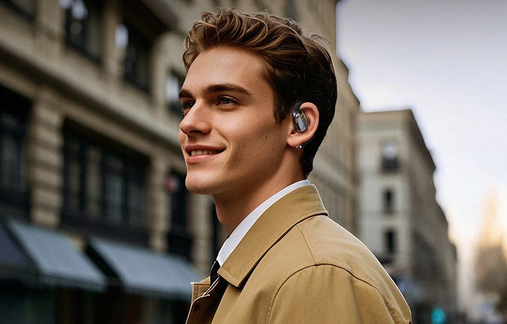 Młody mężczyzna w beżowym płaszczu uśmiechający się podczas noszenia bezprzewodowych słuchawek na ulicy.
