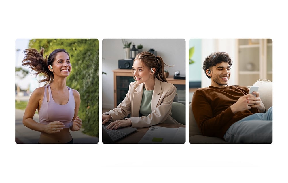 Trzy zdjęcia lifestyle pokazujące ludzi używających słuchawek - kobieta biegająca na świeżym powietrzu, kobieta pracująca przy biurku i mężczyzna relaksujący się w domu.