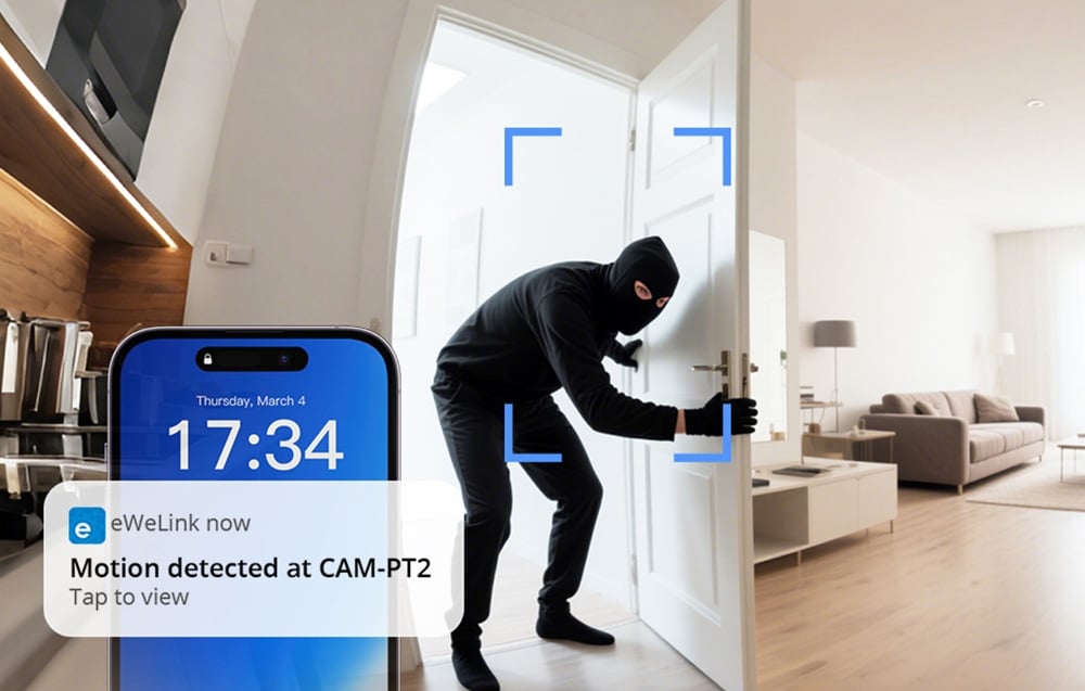 Powiadomienie eWeLink o wykryciu ruchu pokazane na smartfonie z włamywaczem w tle