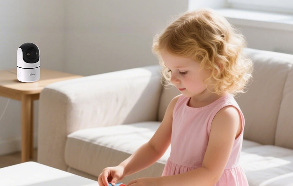Biała kamera bezpieczeństwa na stoliku z blond dziewczynką w różowej sukience bawiącą się przed sofą