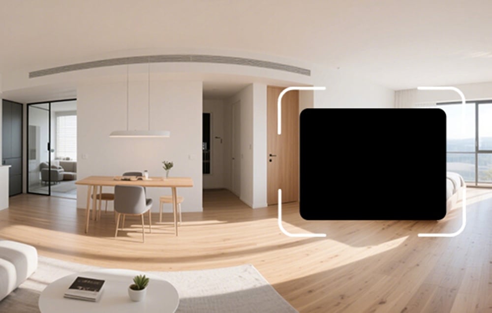 Panoramiczny widok nowoczesnego mieszkania z drewnianą podłogą i czarnym prostokątem na pierwszym planie