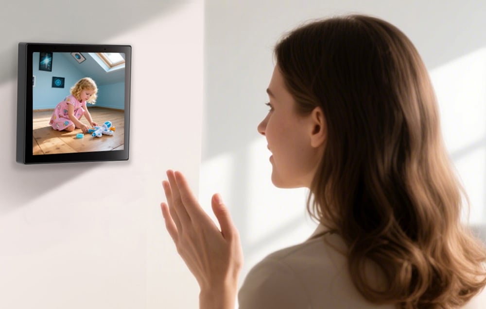 Kobieta patrząca na ścienny monitor pokazujący dziecko bawiące się zabawkami na podłodze