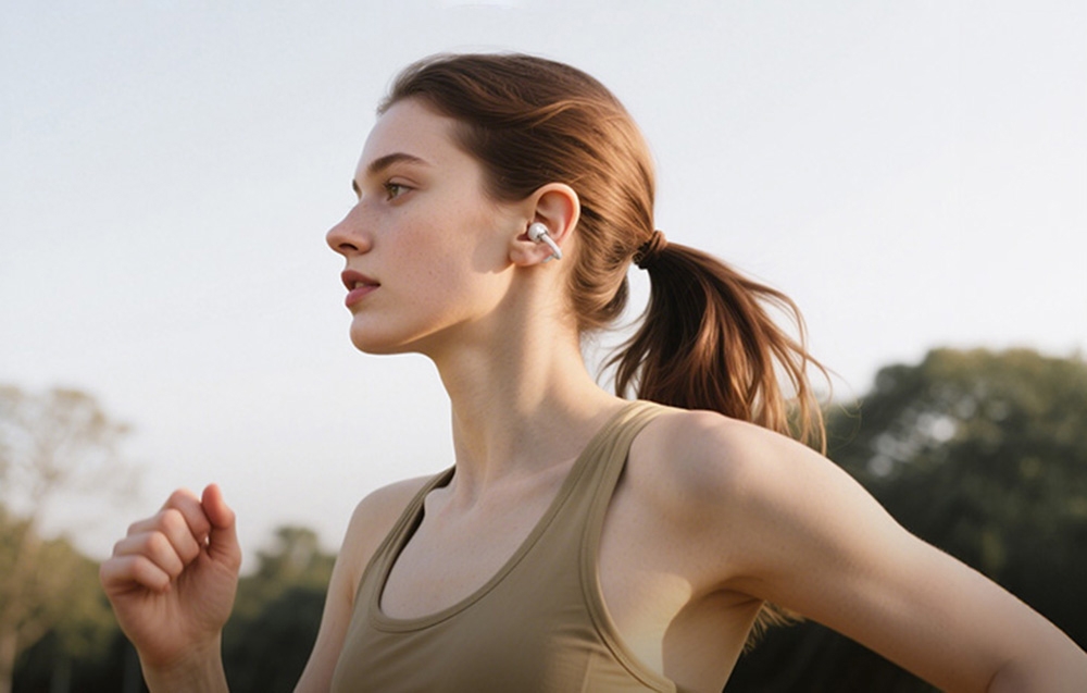 Kobieta biegnie na zewnątrz w sportowym topie, mając w uchu białe słuchawki bezprzewodowe