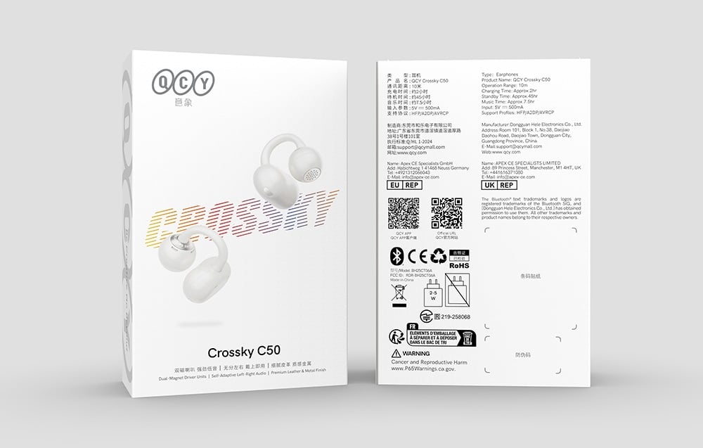 Przód i tył opakowania słuchawek bezprzewodowych QCY Crossky C50 z widocznymi danymi technicznymi i kodami QR